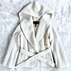 BCBG Max Azria Women's Ivory Knit Belted Sweater Jacket with Hood, Size XXS